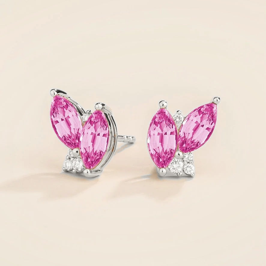 Marquise Pink Sapphire & Diamond Cluster Stud Earrings in White Gold