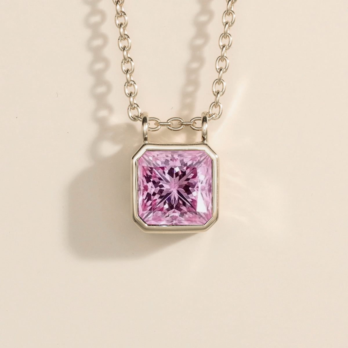 Calin pink sapphire asscher-cut solitaire pendant necklace in white gold
