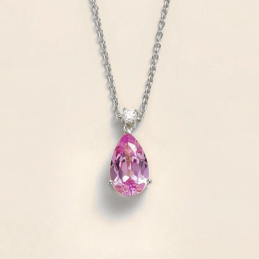 Lab-grown pink sapphire and diamond pear drop pendant necklace in white gold, large – front view | Pisa by Juvetti