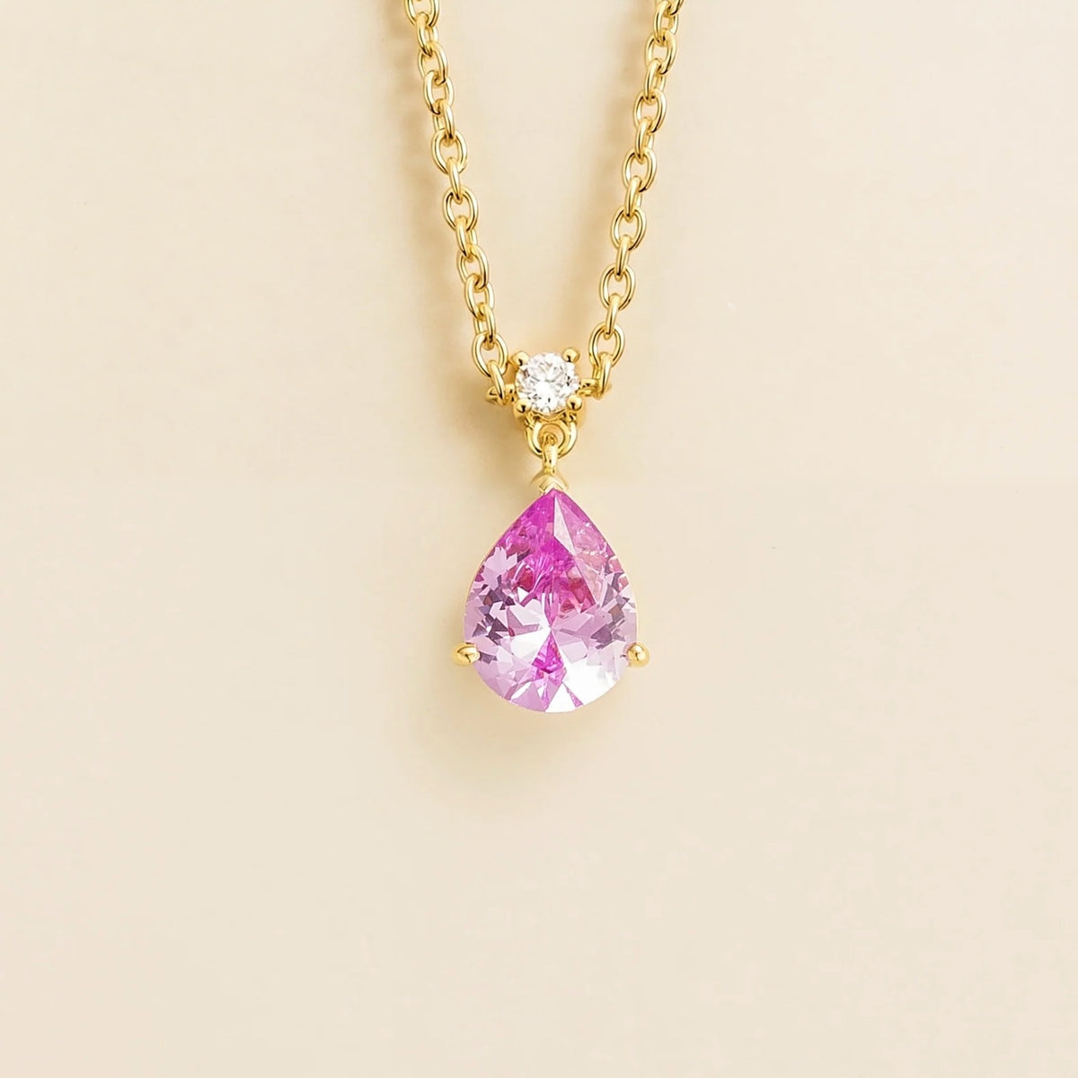Lab-grown pink sapphire and diamond pear drop pendant necklace in gold, medium – front view | Pisa by Juvetti