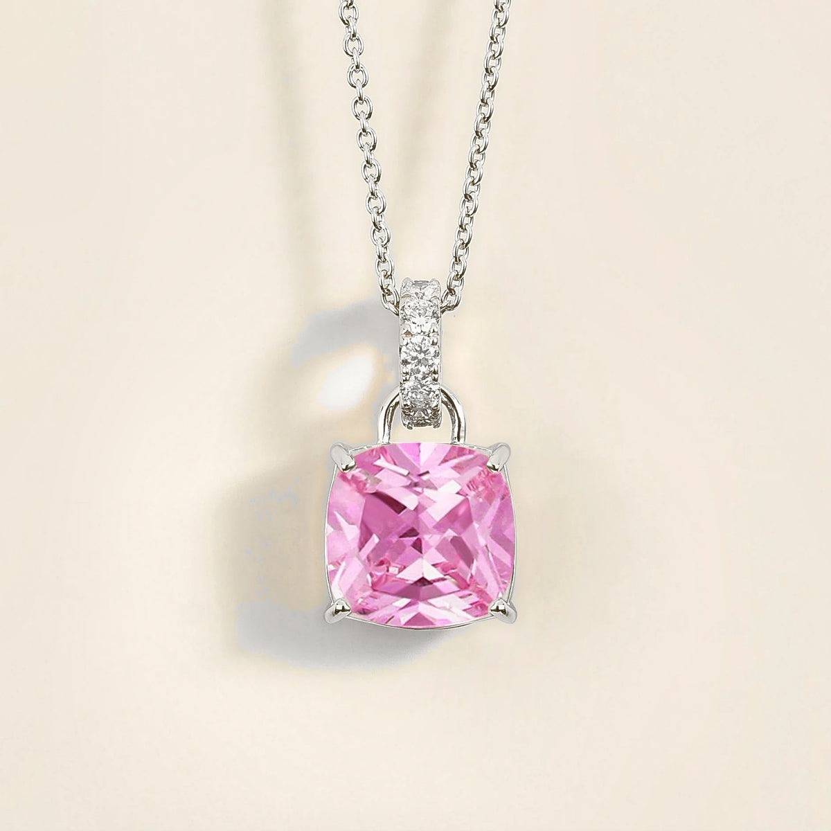 Pink Sapphire Cushion Cut & Diamond Hoop Pendant Necklace in White Gold