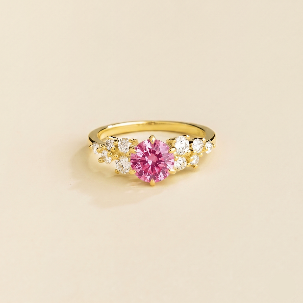 Floret round lab-grown pink sapphire and diamond cluster ring in gold – front | Juvetti London