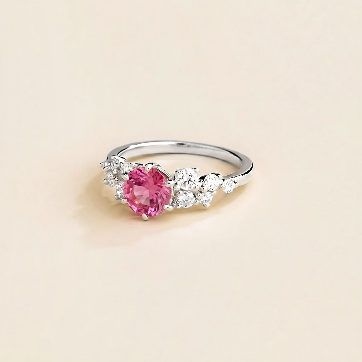 Floret round lab-grown pink sapphire and diamond cluster ring in white gold – side | Juvetti London