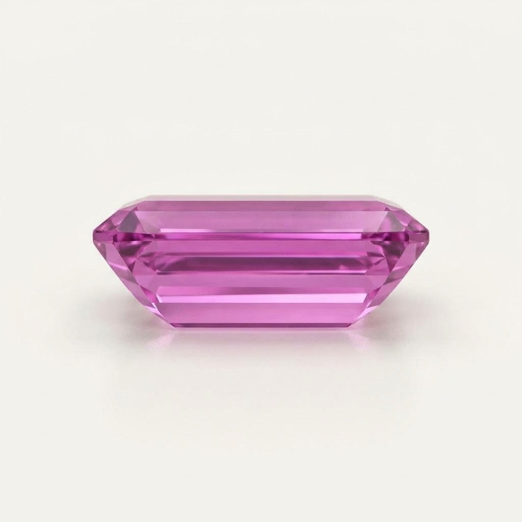 Pinkish-purple lab-grown sapphire, baguette cut, side view