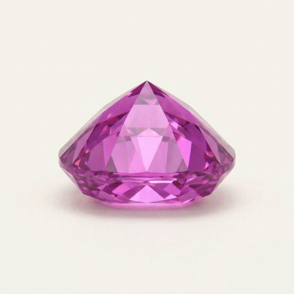 Pinkish-purple lab-grown sapphire, cushion cut, side view