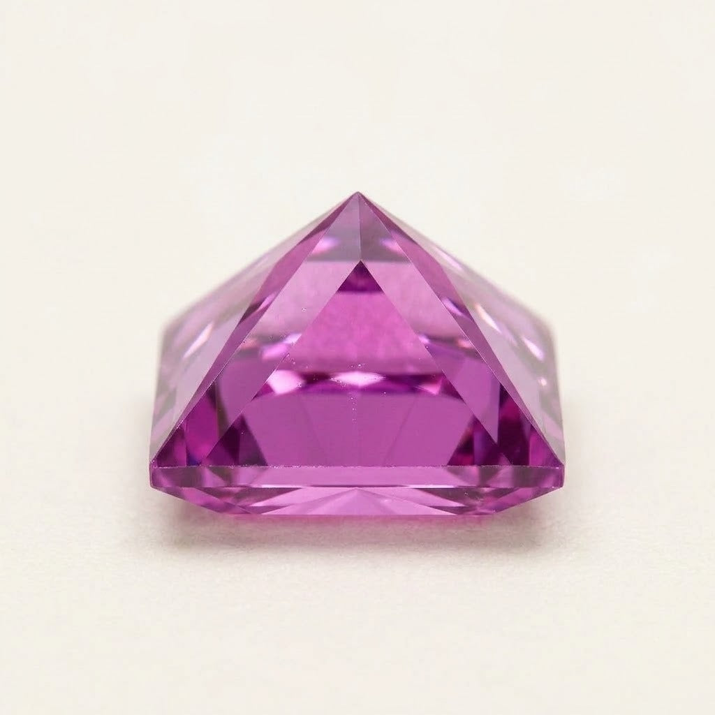Pinkish-purple lab-grown sapphire, princess cut, side view