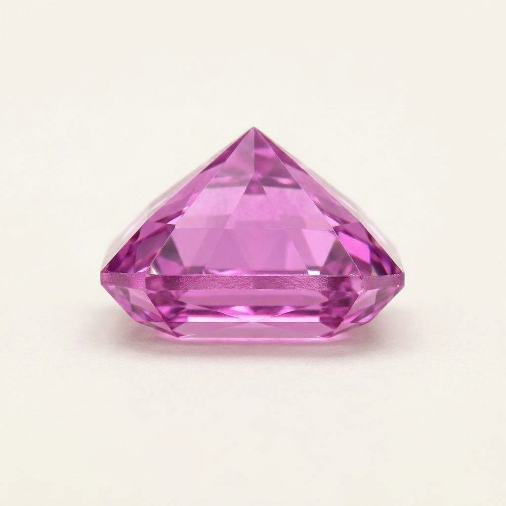Pinkish-purple lab-grown sapphire, radiant cut, side view
