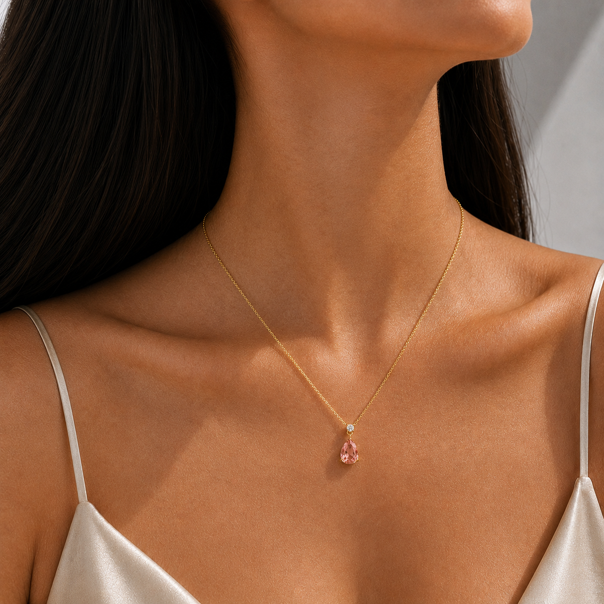 Pisa Padparadscha Sapphire & Diamond Pear Drop Pendant Necklace In Gold - Medium