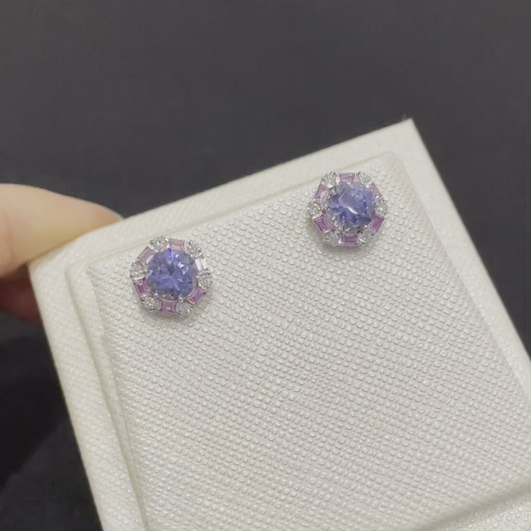 Melba White Gold Earrings In Pastel Blue Sapphire, Pink Sapphire and Diamond By Juvetti London