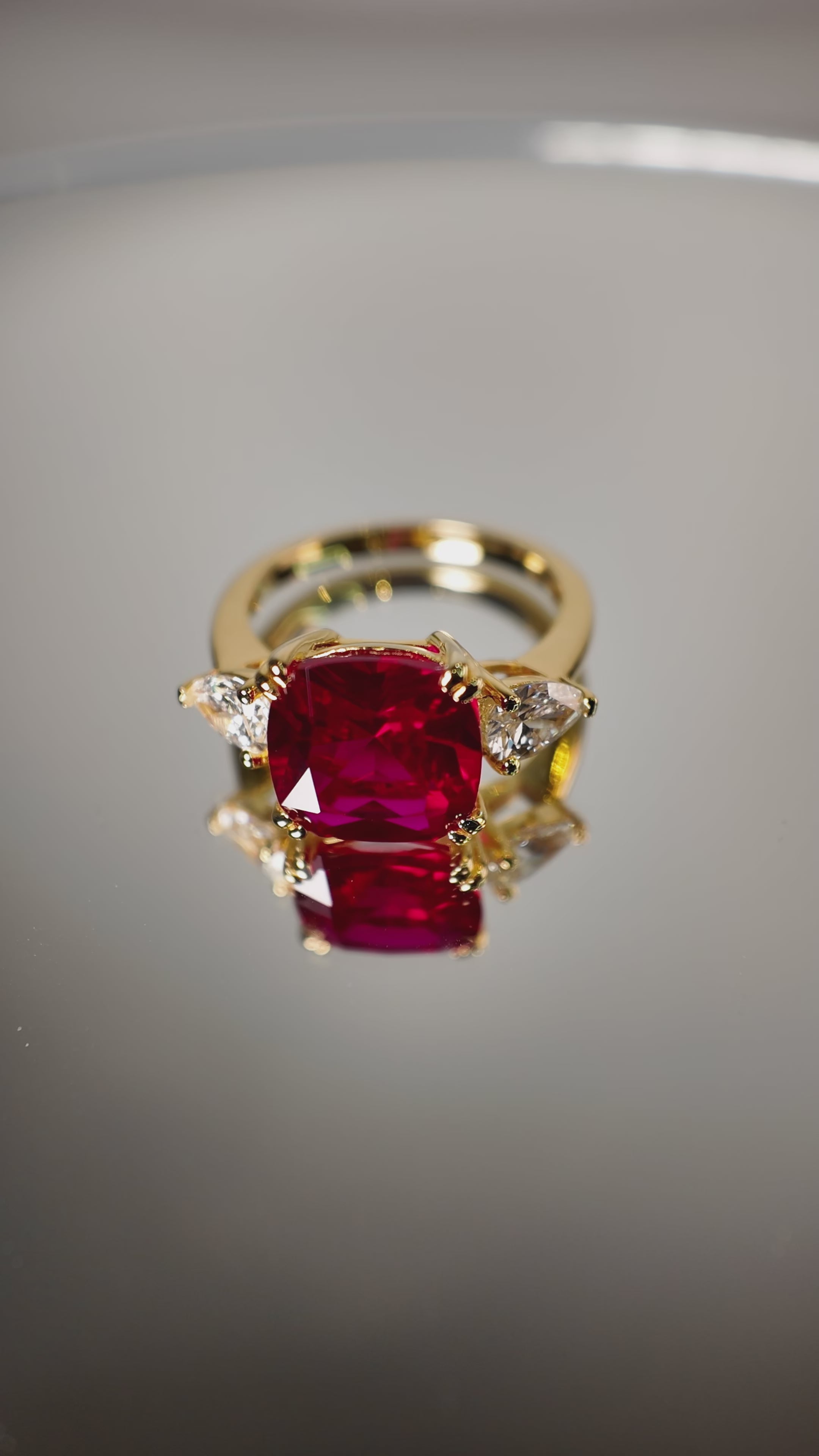 Roue Ruby Cushion Cut & Diamond Pear Cut Gold Ring