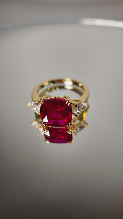 Roue Ruby Cushion Cut & Diamond Pear Cut Gold Ring