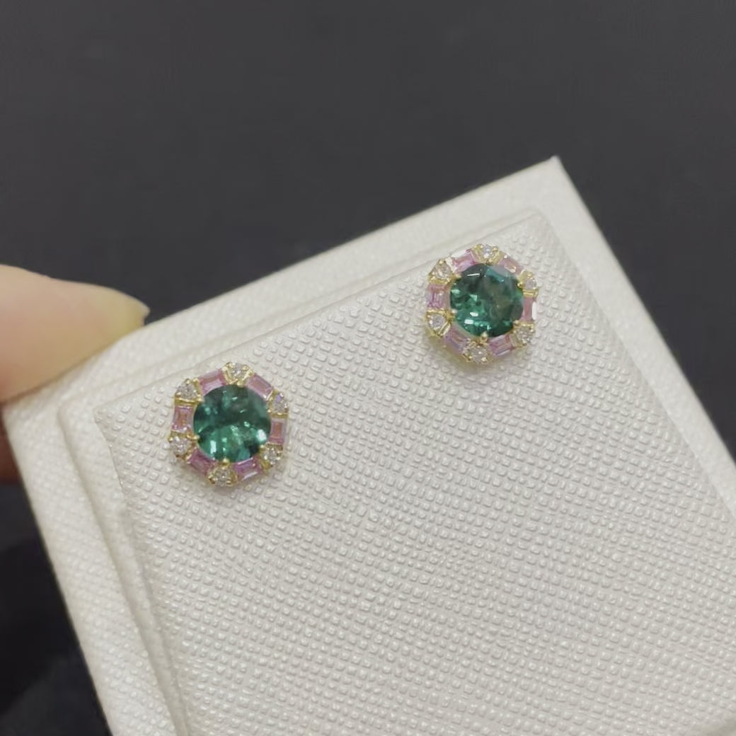 Melba gold earrings in Emerald, Pink sapphire and Diamond