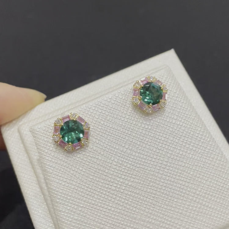 Review of Melba hexagon earrings in 18K gold vermeil set. Lab grown Emerald cut earrings, Pink sapphire and Diamond gem stones. Perfect for yourself and as gift.