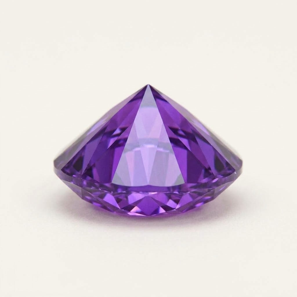 Purple lab-grown sapphire, round cut, side view