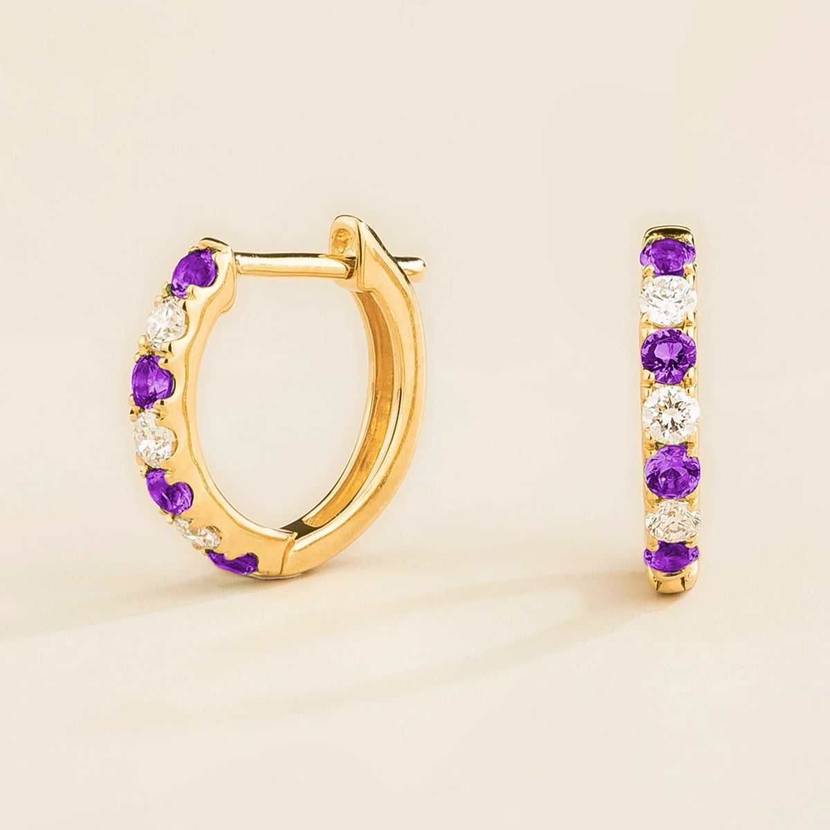 Stacy Purple Sapphire & Diamond Huggie Hoop Earrings in Gold | Juvetti