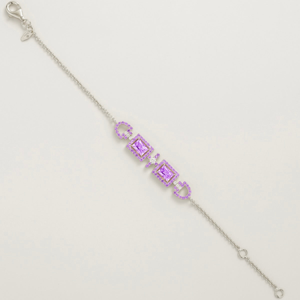 Ciceris purple sapphire Art Deco halo bracelet in white gold, two emerald-cut lab-grown sapphires with diamonds, full length | Juvetti London