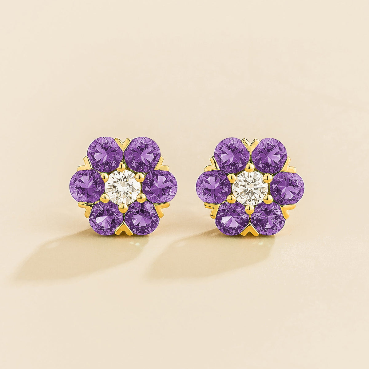 Lab-grown purple sapphire and diamond flower stud earrings in gold | Juvetti London