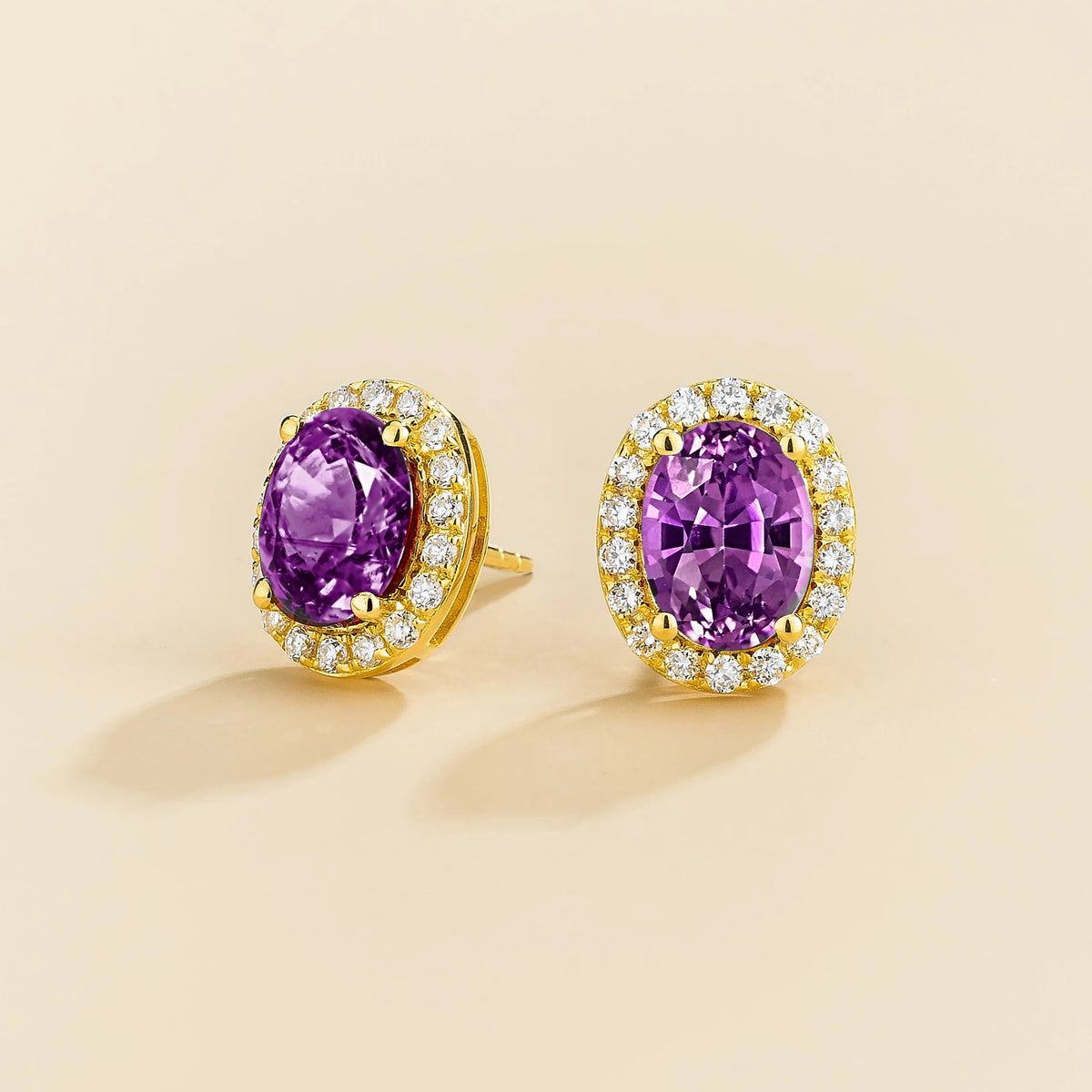 Lab-grown purple sapphire and diamond oval halo stud earrings in gold – side view | Mina by Juvetti