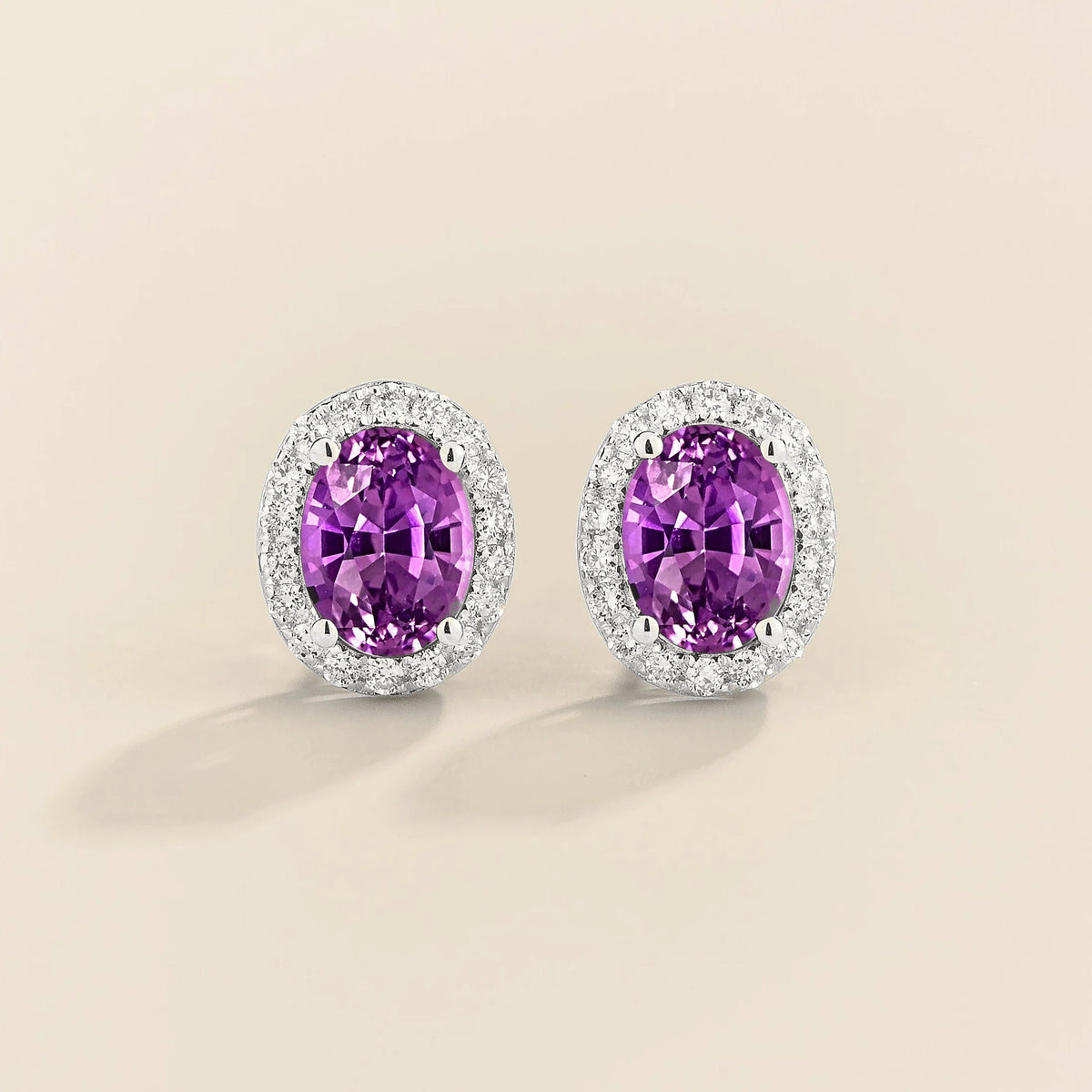 Lab-grown purple sapphire and diamond oval halo stud earrings in white gold – front view | Mina by Juvetti