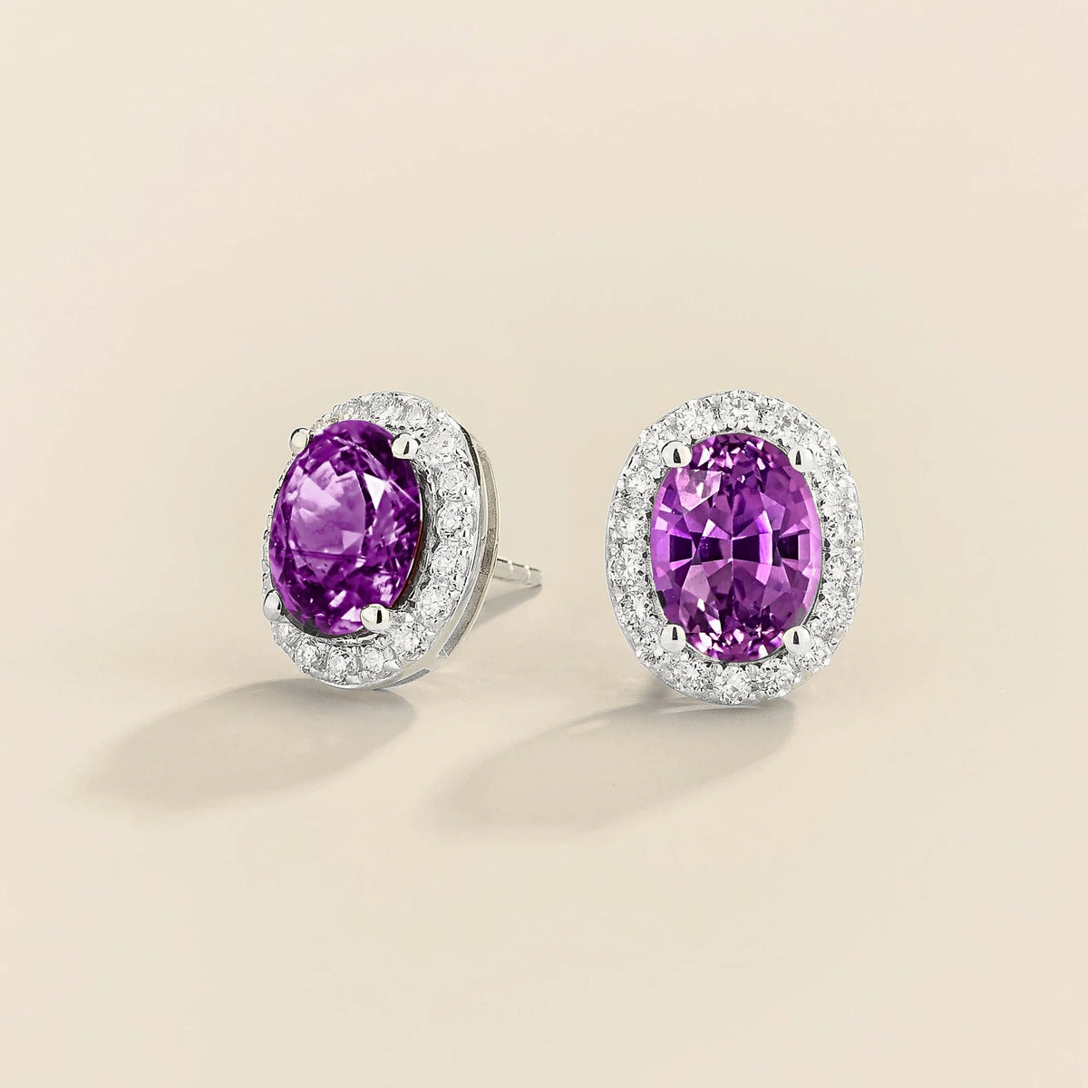 Lab-grown purple sapphire and diamond oval halo stud earrings in white gold – side view | Mina by Juvetti