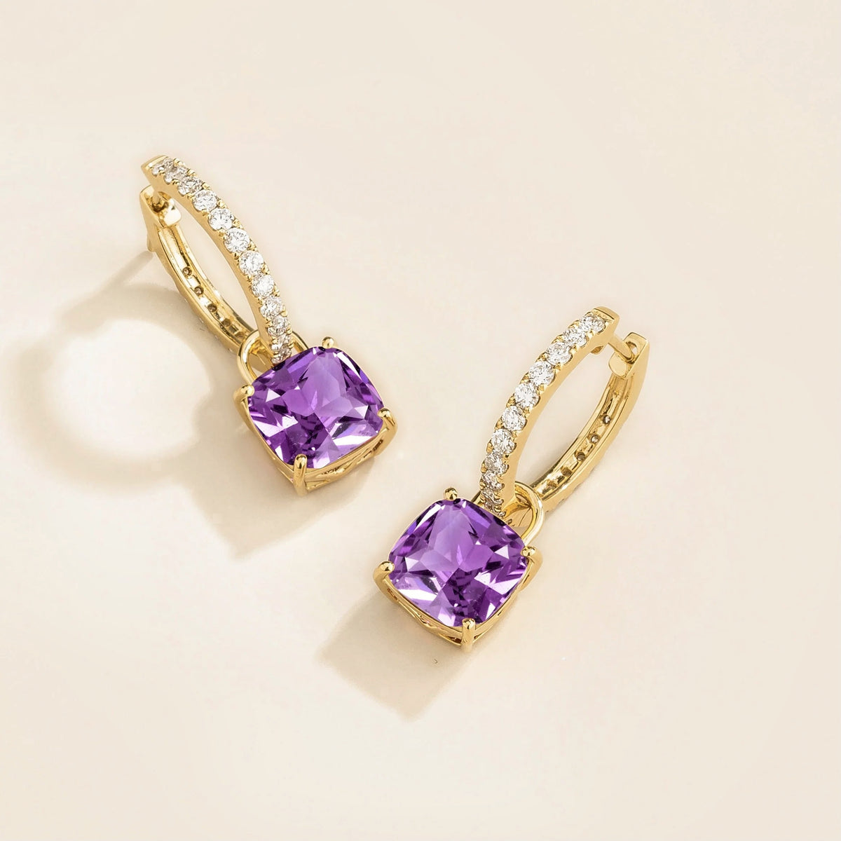 Purple Sapphire Cushion Cut & Diamond Hoop Drop Earrings in Gold