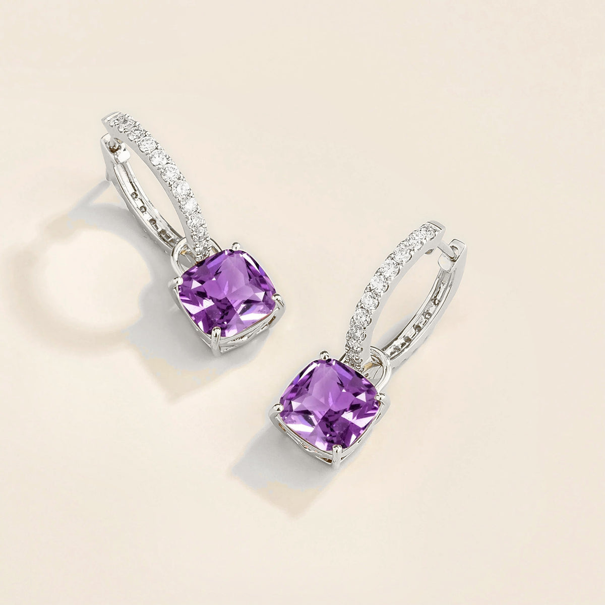 Purple Sapphire Cushion Cut & Diamond Hoop Drop Earrings in White Gold