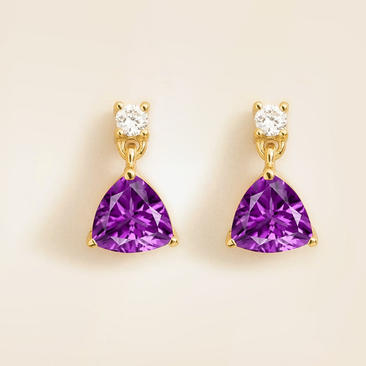 Trillion Gold Earrings Set With Purple Sapphire & Diamond