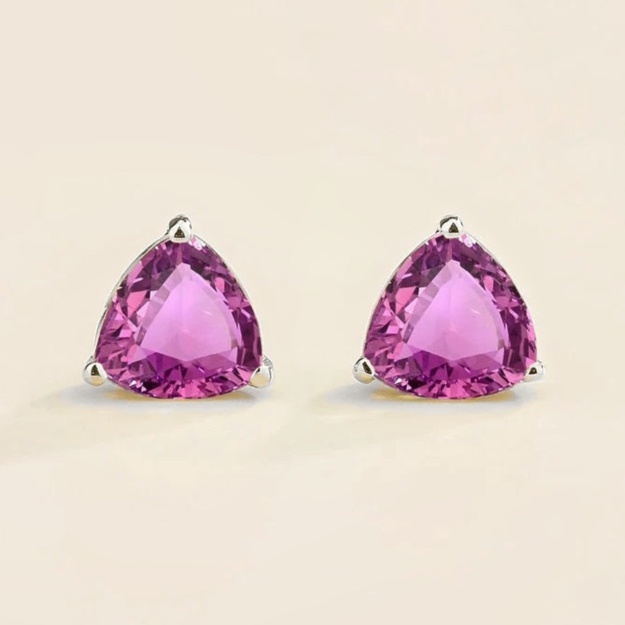 Trillion purple sapphire solitaire stud earrings in white gold