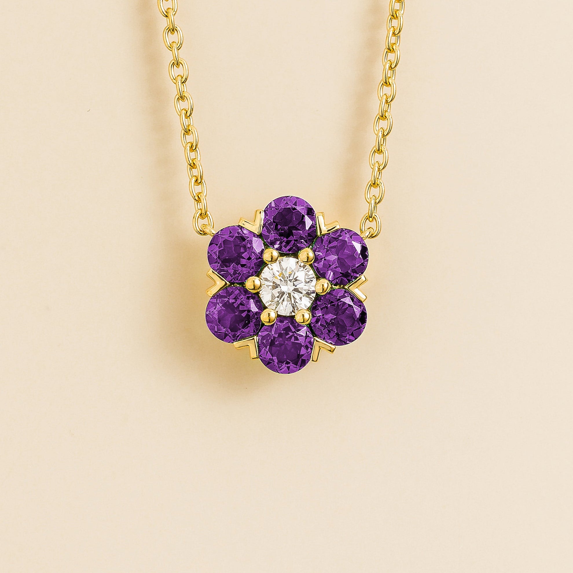 Cinq Purple Sapphire & Diamond Flower Pendant Necklace in Gold by Juvetti London