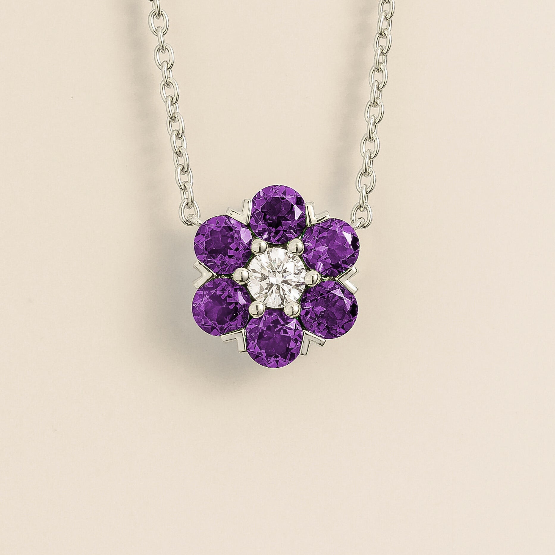 Cinq Purple Sapphire & Diamond Flower Pendant Necklace in White Gold by Juvetti, bespoke jewellery London