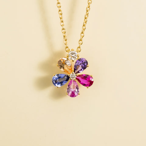 Florea Blue Sapphire, Purple Sapphire, Pink Sapphire, Champagne Sapphire and Diamond Flower Pendant Necklace in Gold Florea flower pendant necklace with purple, blue, pink and champagne sapphires and diamonds in gold