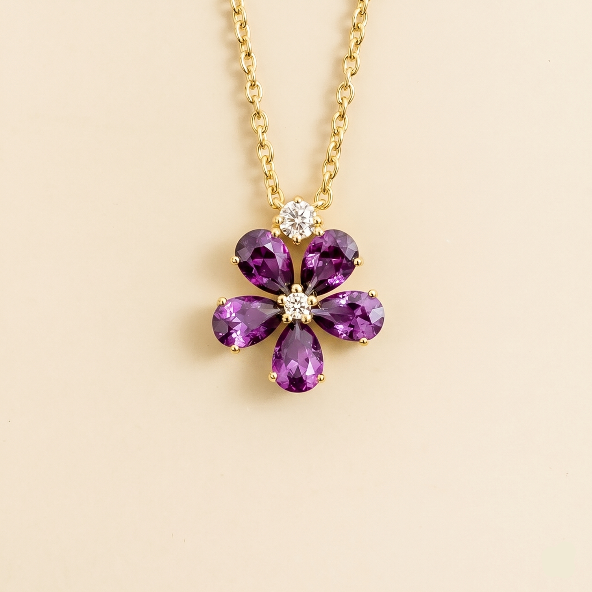 Florea Purple Sapphire & Diamond Flower Pendant Necklace in Gold by Juvetti London