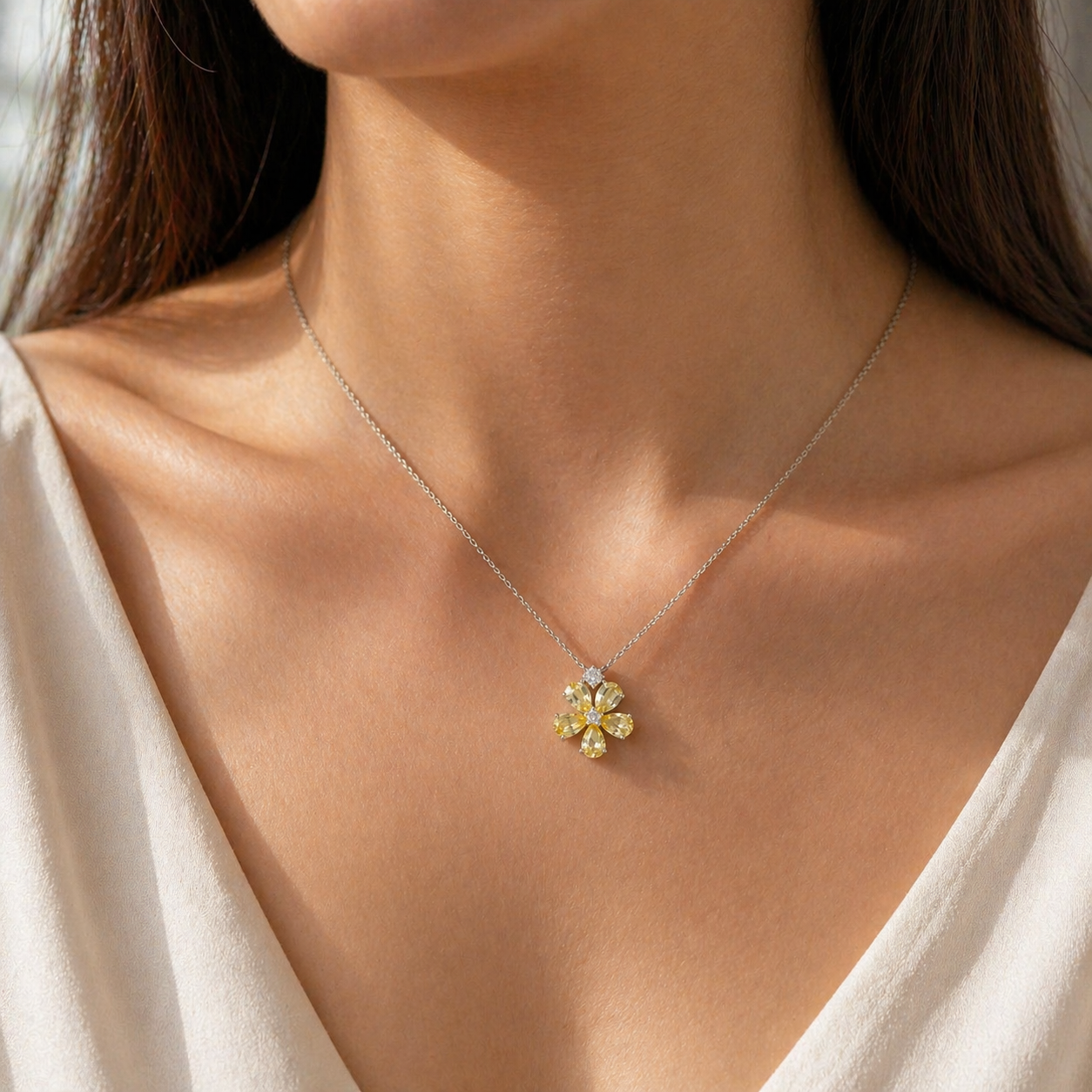 Model wearing the Florea Purple Sapphire & Diamond Flower Pendant Necklace in Gold