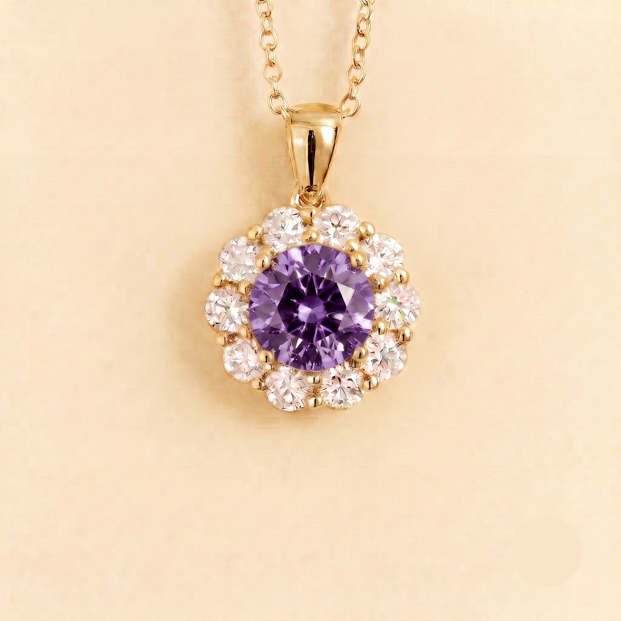 Front view of the Floret Purple Sapphire Round & Diamond Halo Pendant Necklace in Gold, handcrafted by Juvetti London