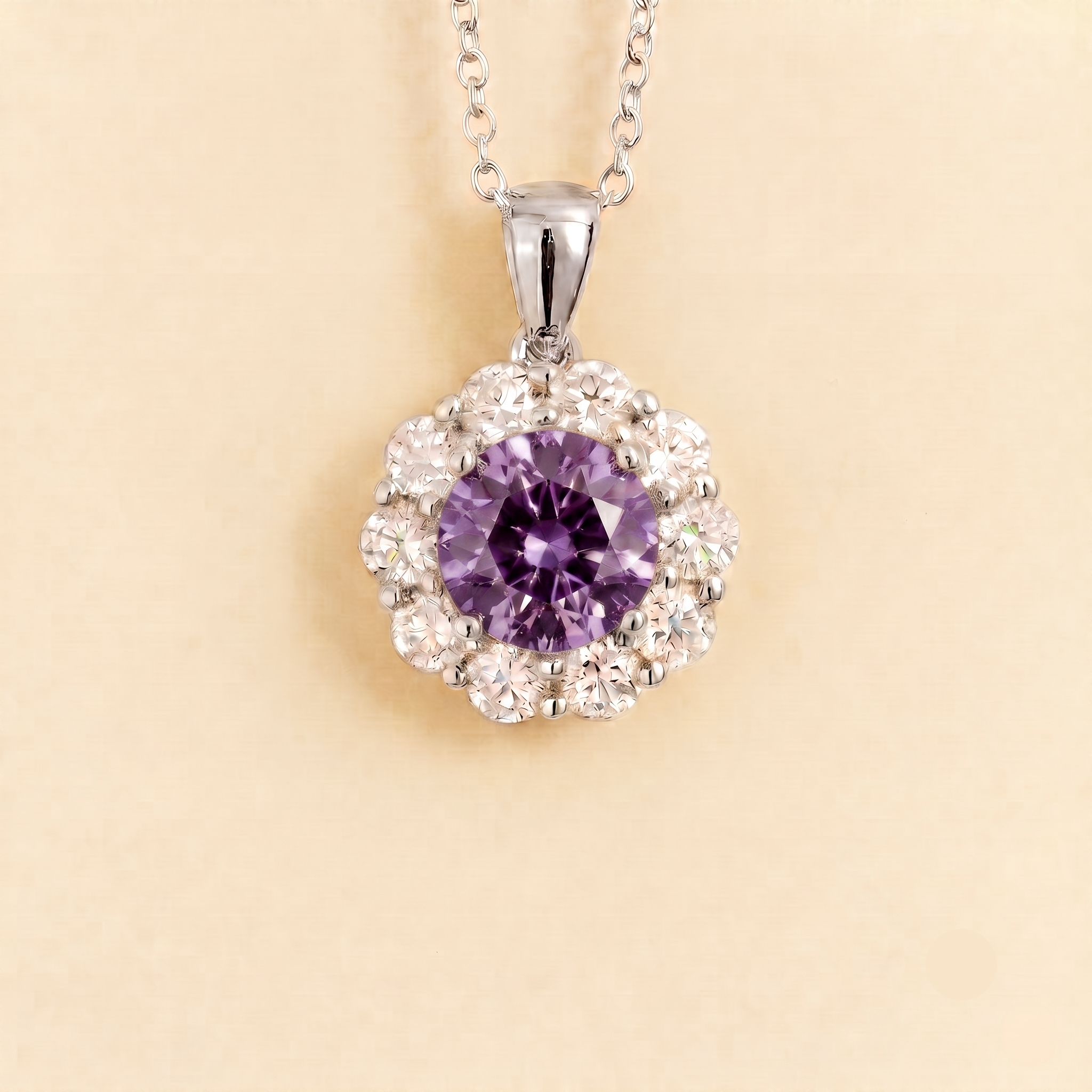 Floret Purple Sapphire Round & Diamond Halo Pendant Necklace in White Gold by Juvetti London