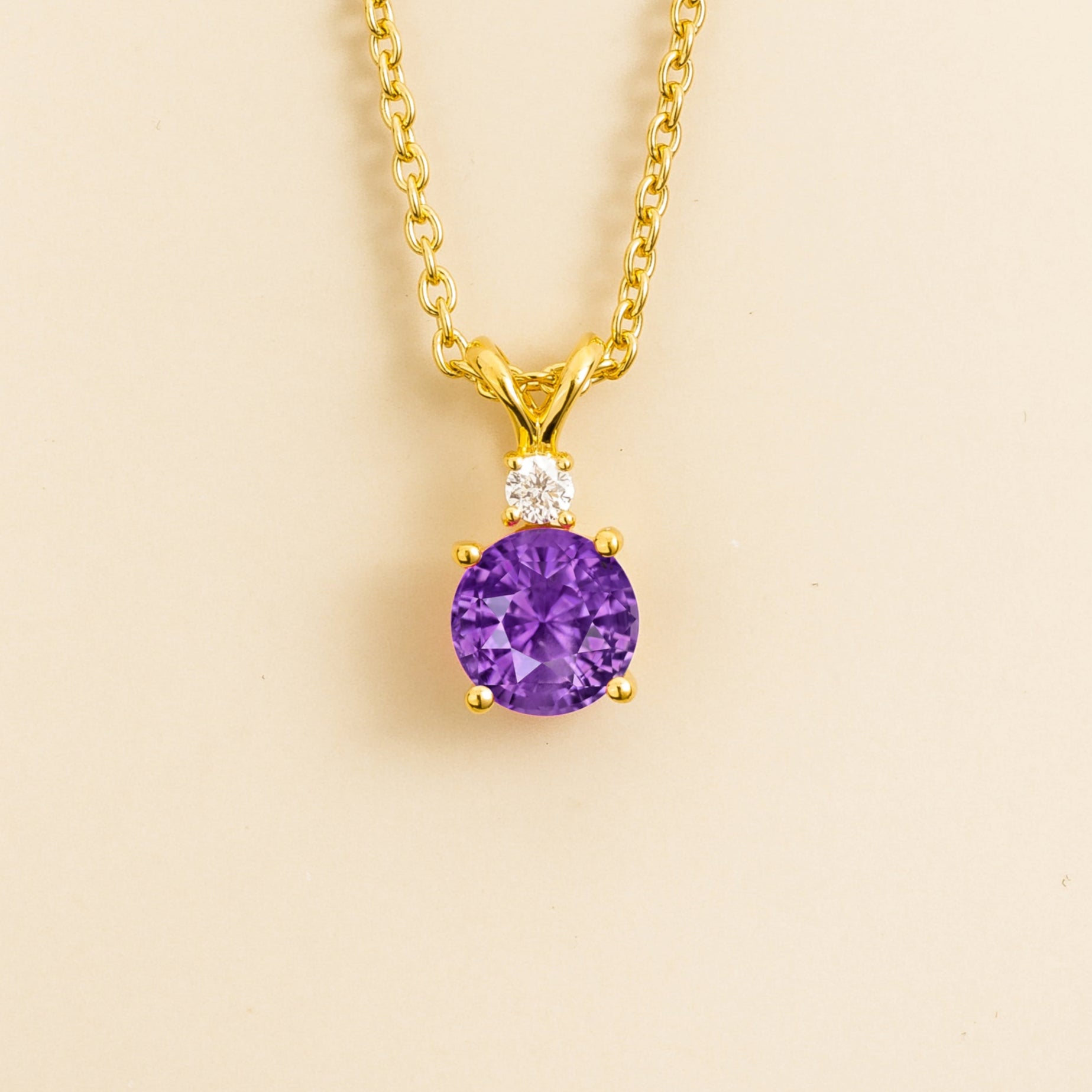 Joie Round Purple Sapphire & Diamond Drop Pendant Necklace In Gold by Juvetti, bespoke jewellery London