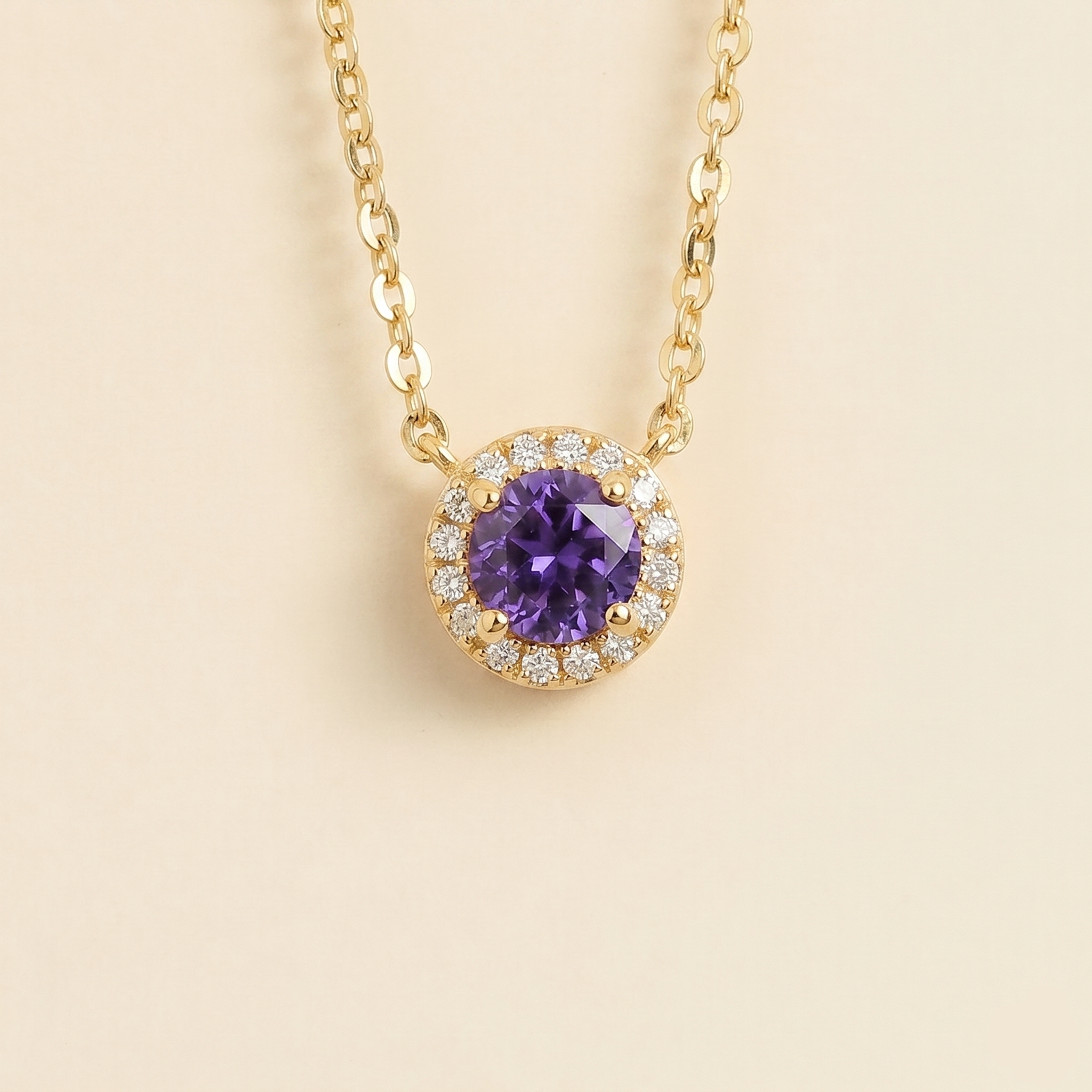 Mars Purple Sapphire Round & Diamond Halo Necklace In Gold by Juvetti, bespoke jewellery London