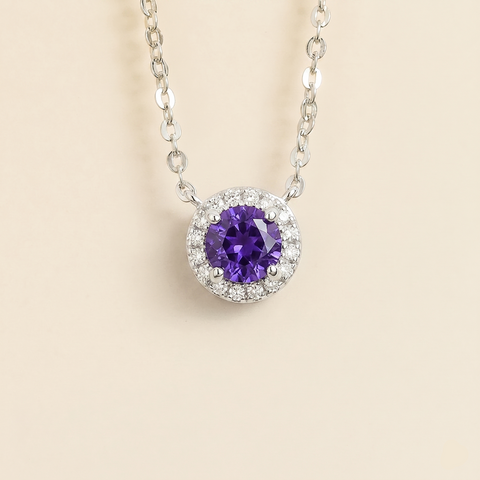 Mars Purple Sapphire Round and Diamond Halo Necklace in White Gold Mars round purple sapphire and diamond halo necklace in white gold