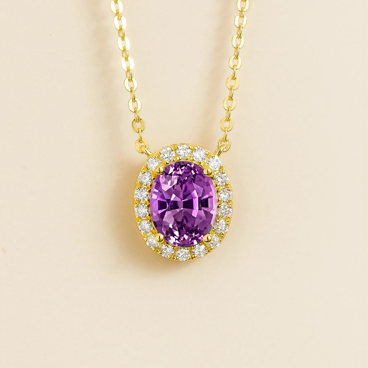 Lab-grown purple sapphire and diamond oval halo necklace in gold – front view | Mina by Juvetti