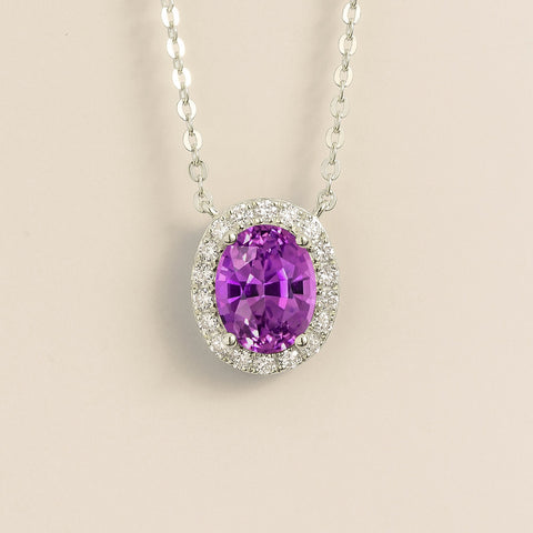Mina Oval Purple Sapphire and Diamond Halo Necklace In White Gold Mina Oval Purple Sapphire and Diamond Halo Necklace In White Gold Mina Oval Purple Sapphire and Diamond Halo Necklace In White Gold Mina Oval Purple Sapphire and Diamond Halo Necklace In White Gold