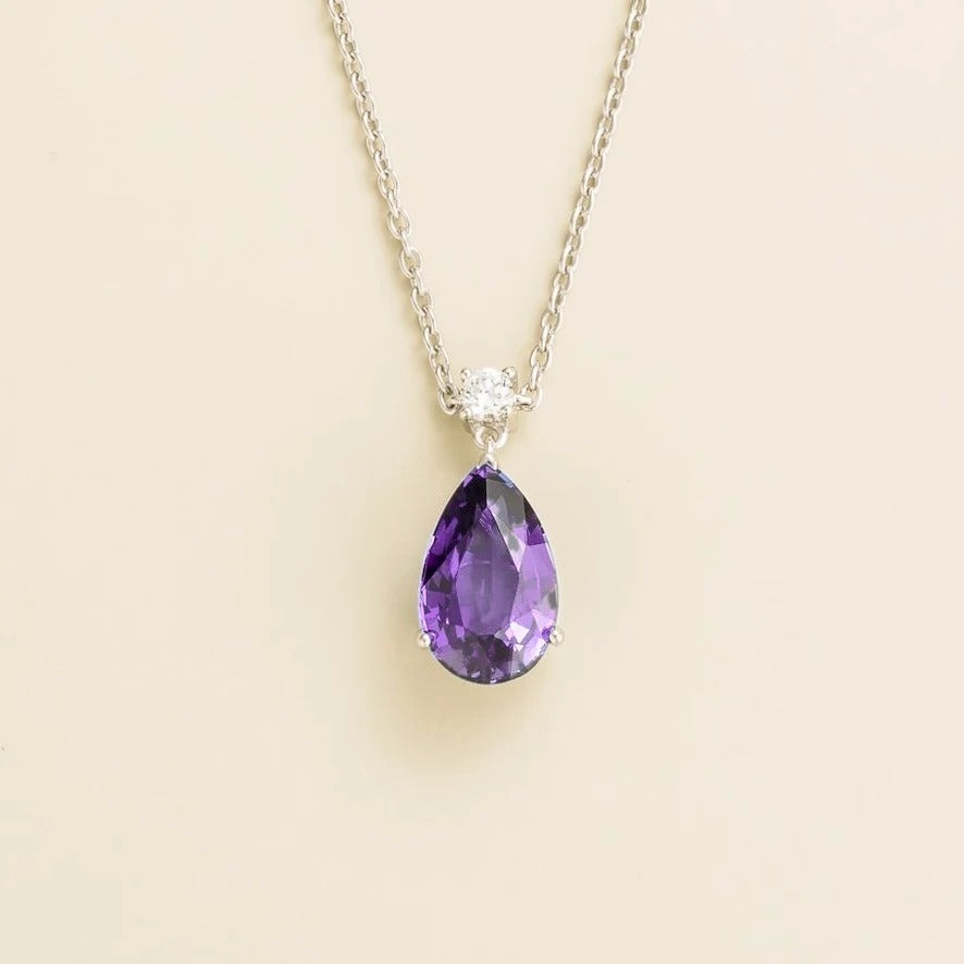 Lab-grown purple sapphire and diamond pear drop pendant necklace in white gold, large – front view | Pisa by Juvetti