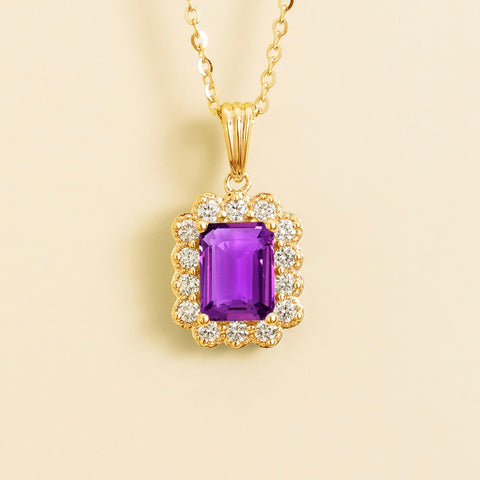 Verda Purple Sapphire Emerald-Cut and Diamond Halo Pendant Necklace in Gold Verda emerald-cut purple sapphire and diamond halo pendant necklace in gold