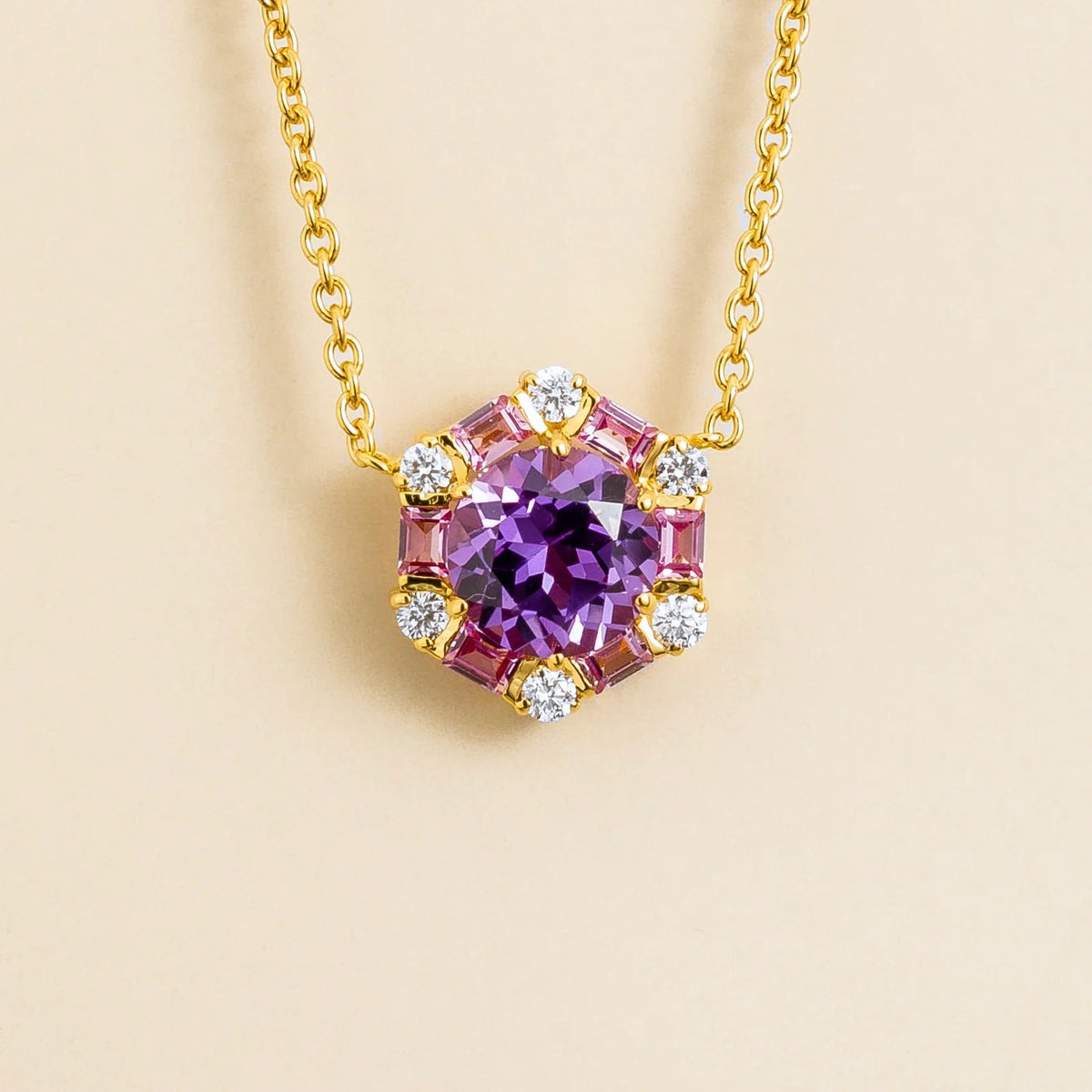 Melba Purple Sapphire, Pink Sapphire & Diamond Halo Pendant Necklace in Gold