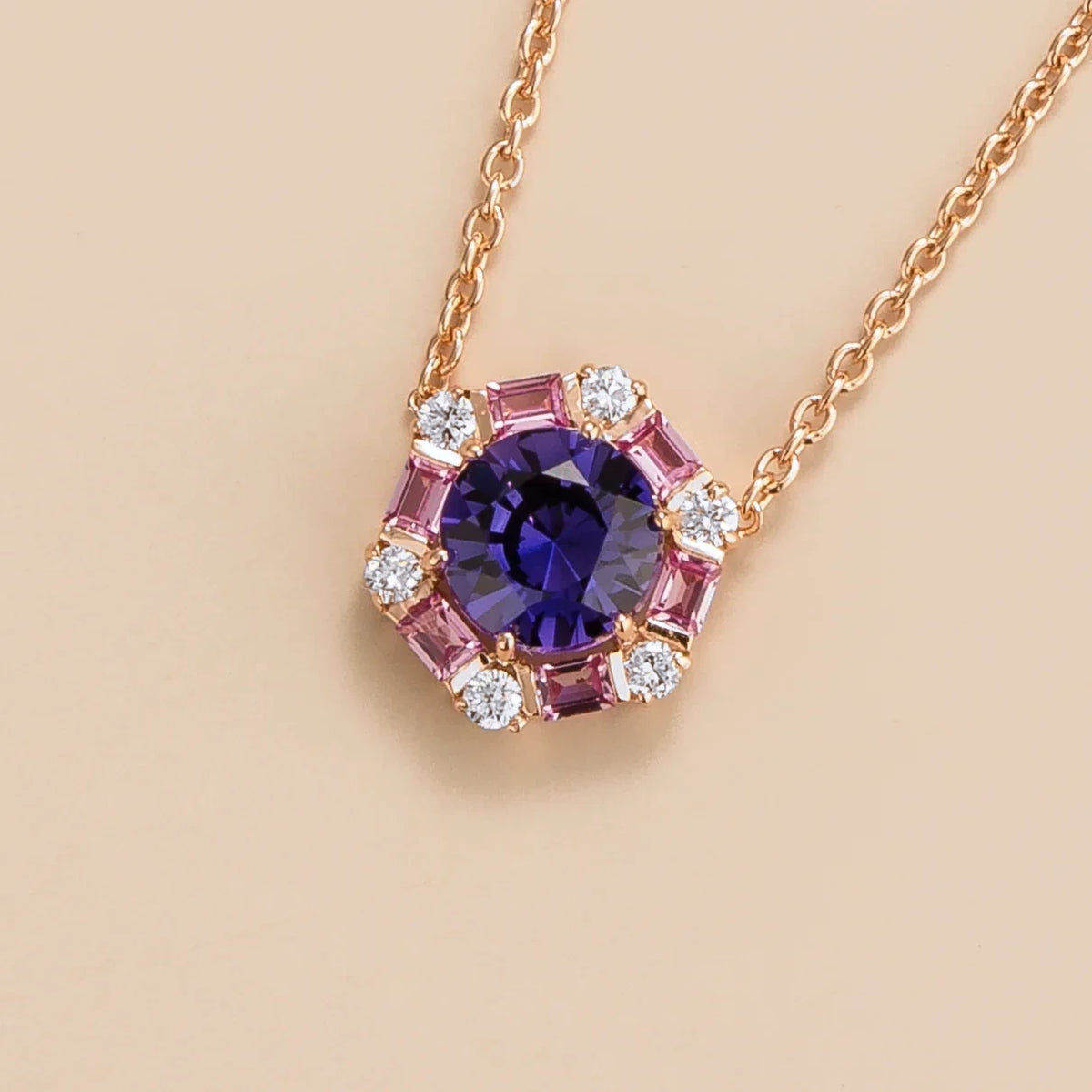 Melba Purple & Pink Sapphire Halo Pendant Necklace in Rose Gold – angle view