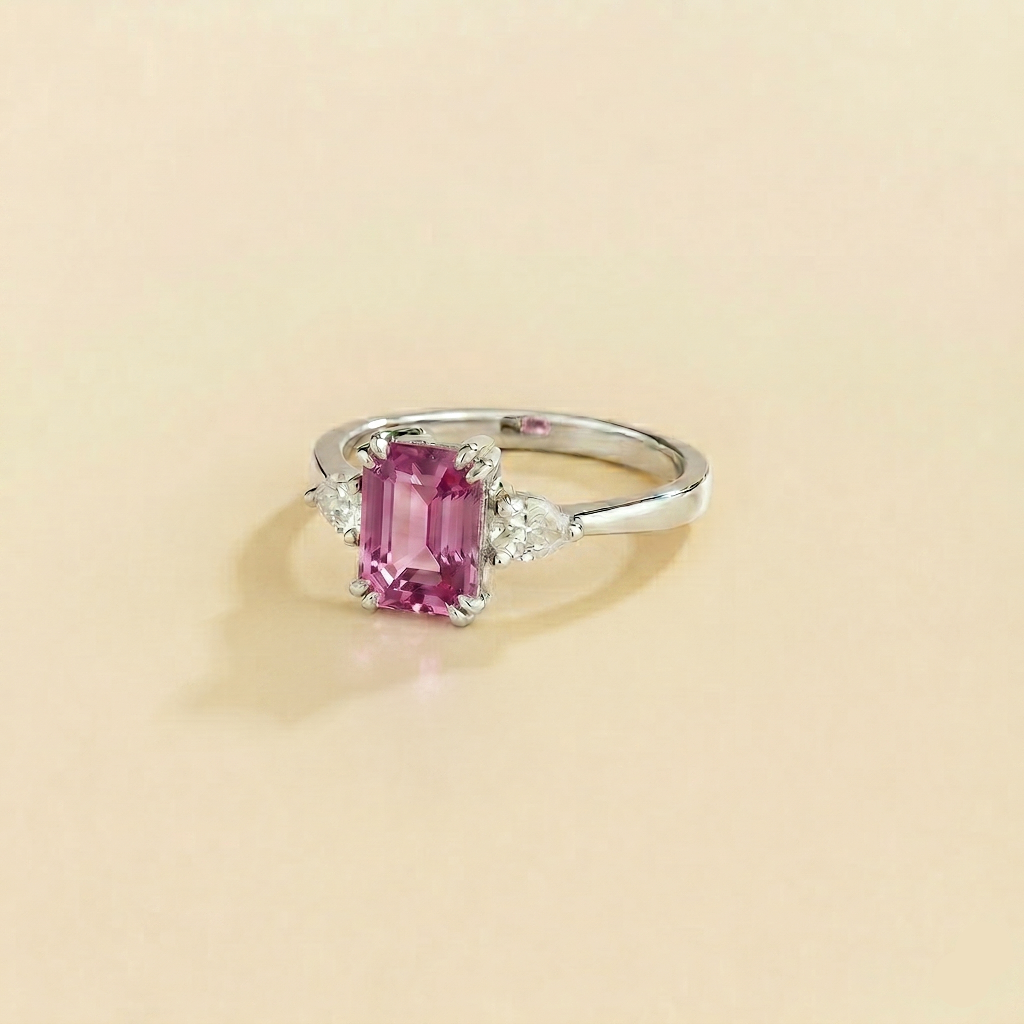 Ailes Purple Sapphire Emerald-Cut Ring with Pear Side Diamonds in White Gold, side angle