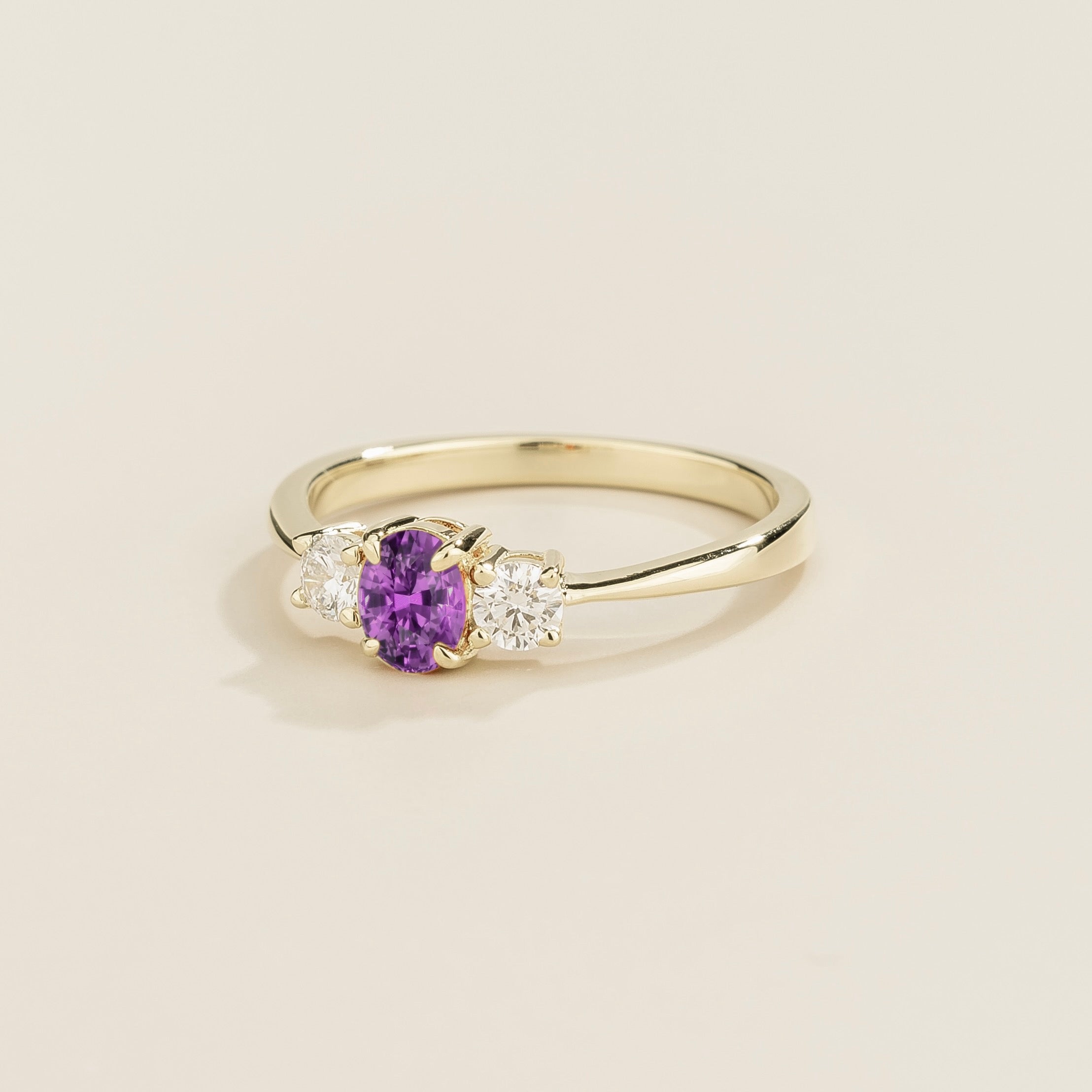 Boble Purple Sapphire Oval & Diamond Three-Stone Ring in White Gold, side angle