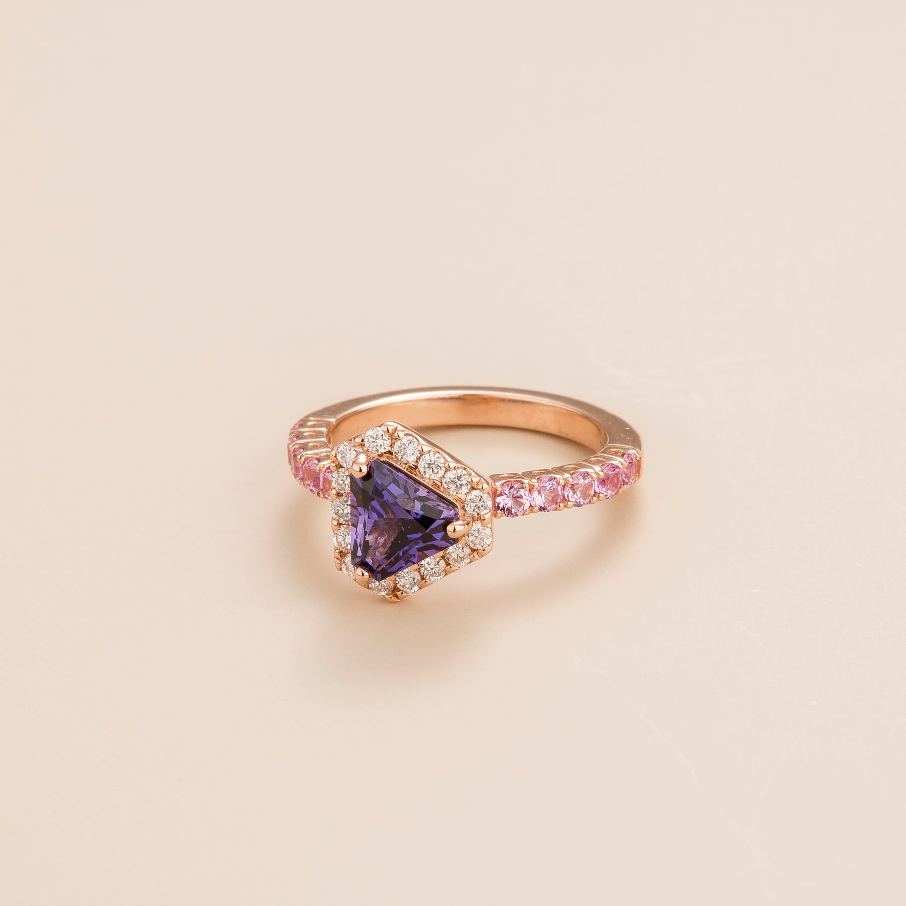 Diana Purple Sapphire Triangle Cut, Pink Sapphire Pavé & Diamond Halo Ring in Rose Gold, side angle