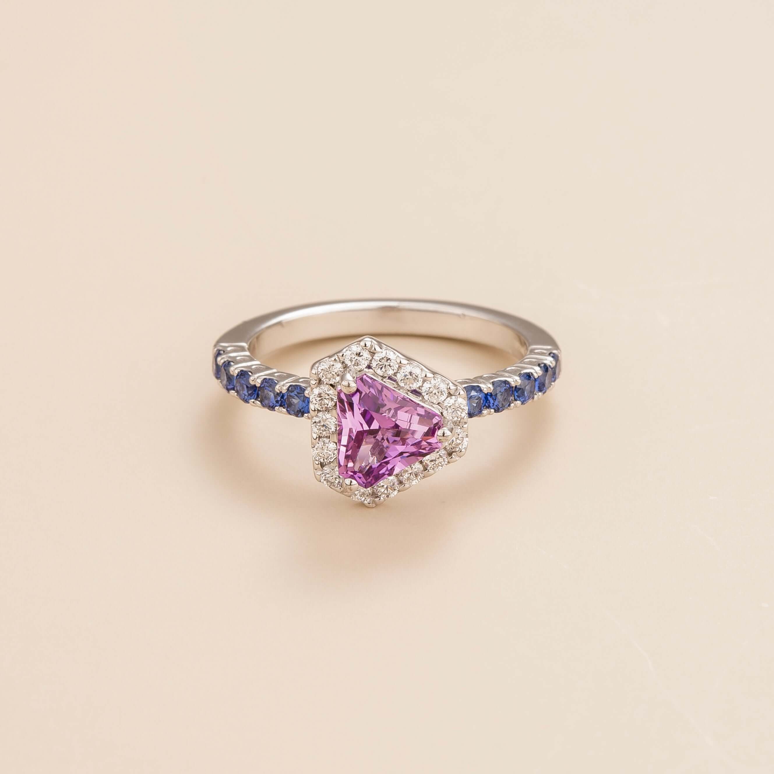 Diana Purple Sapphire Triangle Cut, Blue Sapphire Pavé & Diamond Halo Ring in White Gold by Juvetti London