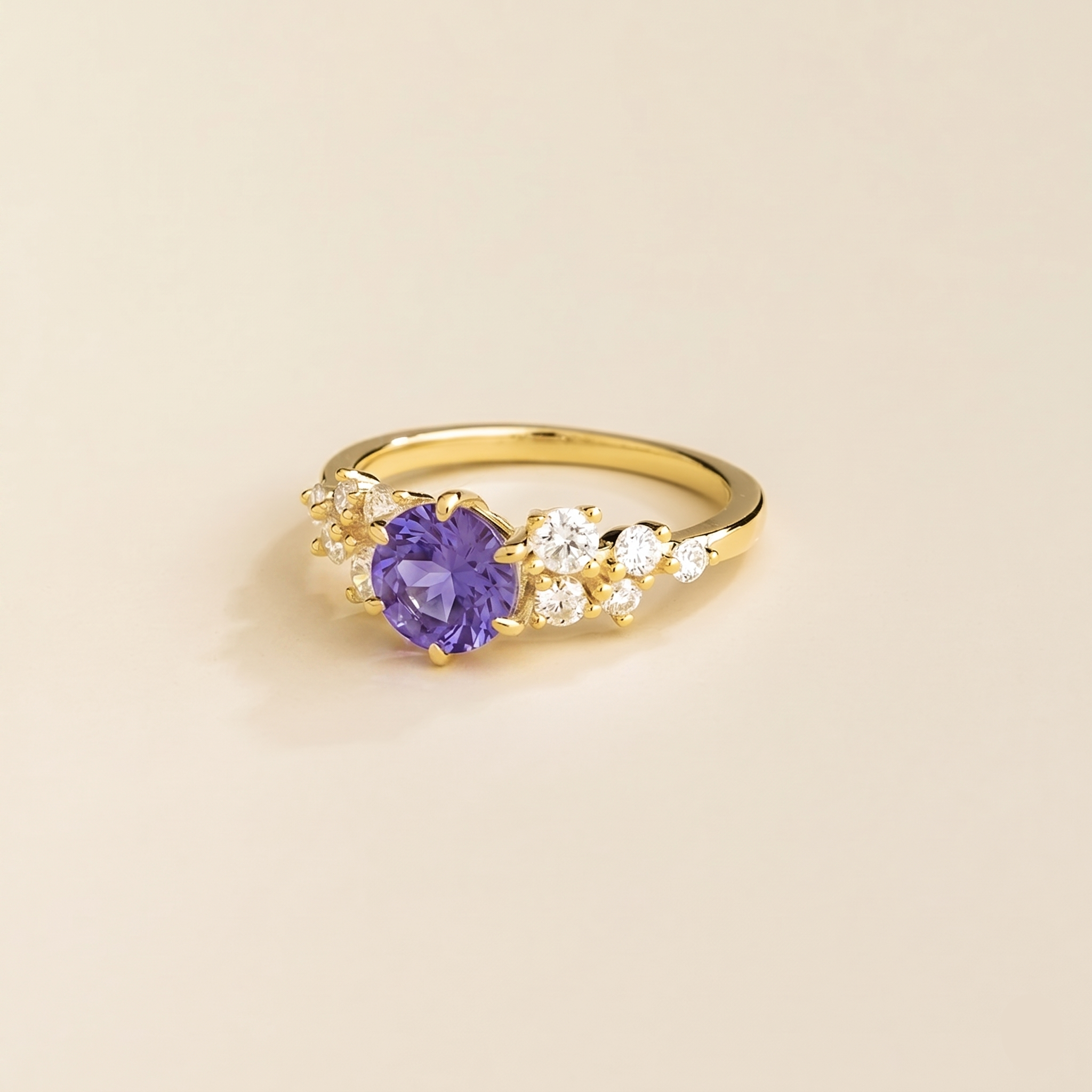 Floret Purple Sapphire Round & Diamond Cluster Ring in Gold, side angle