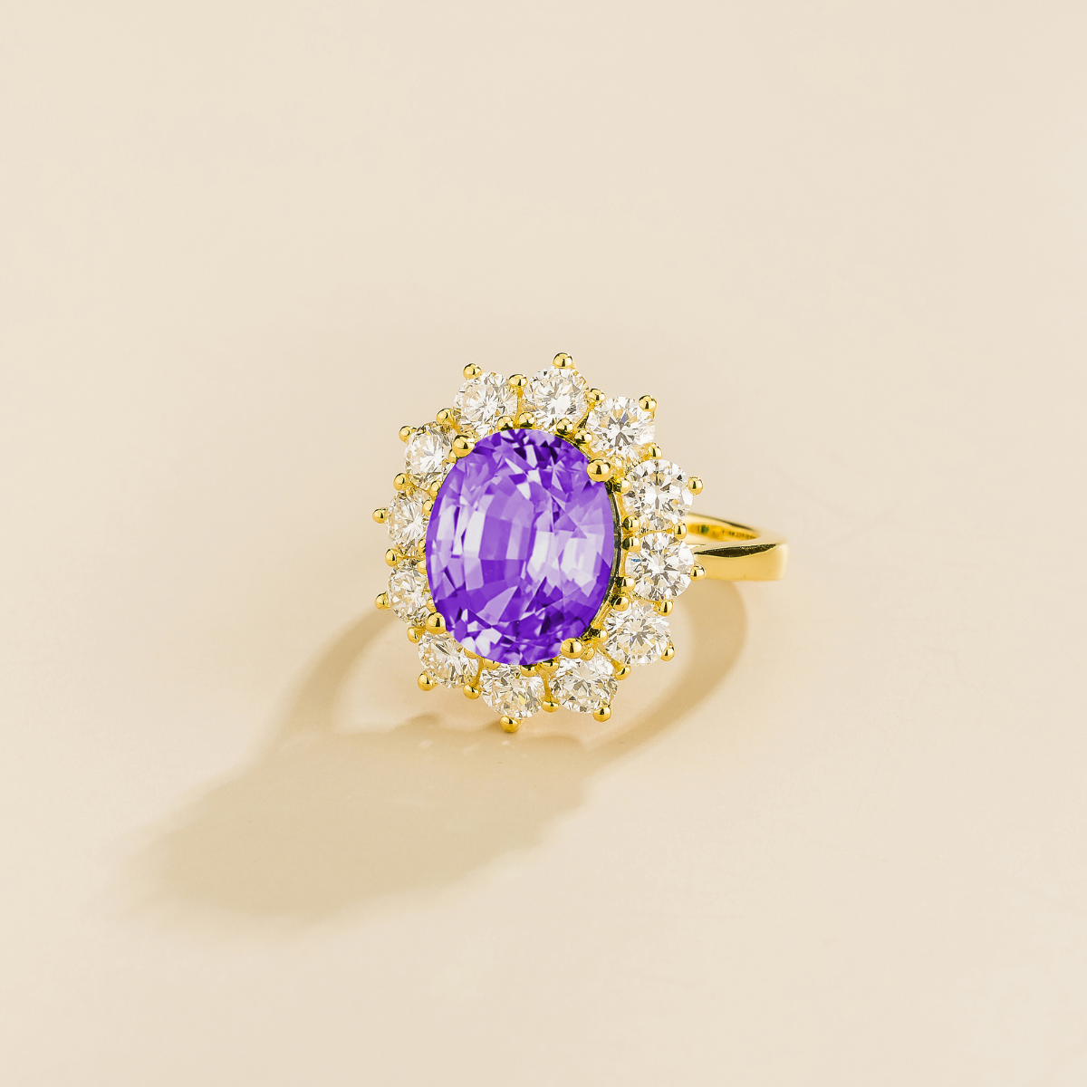Oda Purple Sapphire Oval & Diamond Halo Ring In Gold, side angle